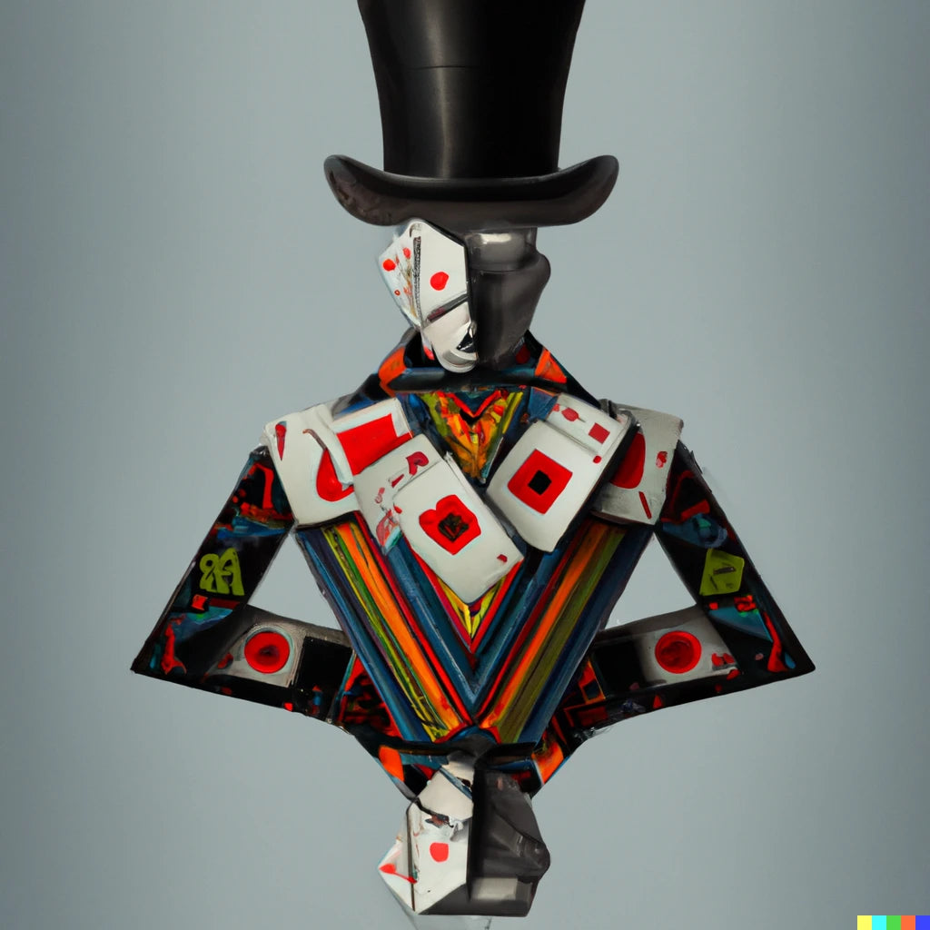 A man made entirely of playing cards wearing a top hat, digital art