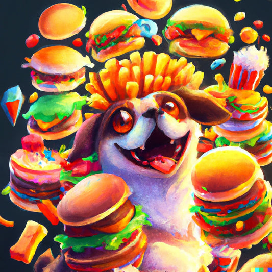 A very happy dog who's surrounded by dozens of melty cheeseburgers and tacos