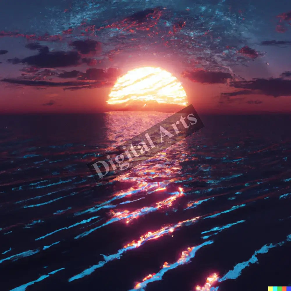 A Synthwave Style Sunset Above The Reflecting Water Of Sea Digital Art Da - Digital Art