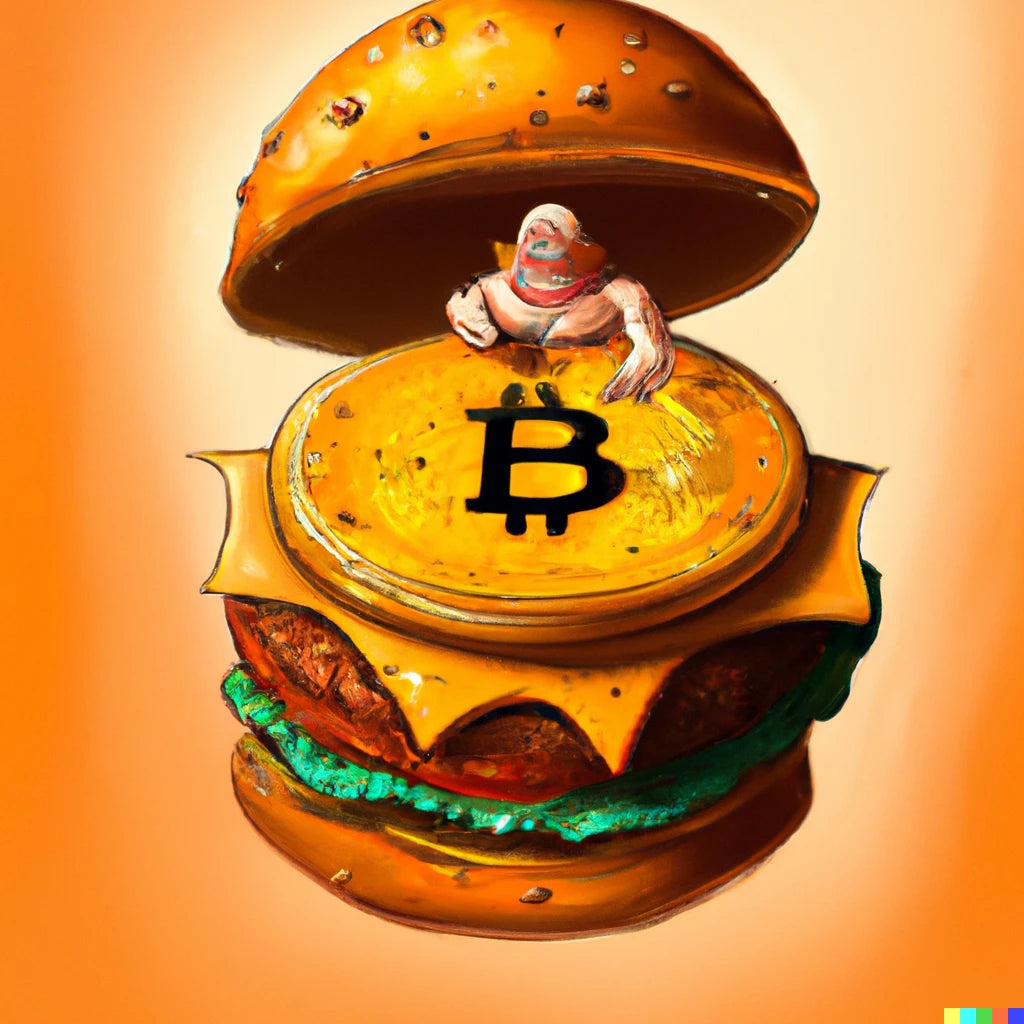 A fortune-telling bitcoin reading your fate in a giant hamburger, digital art