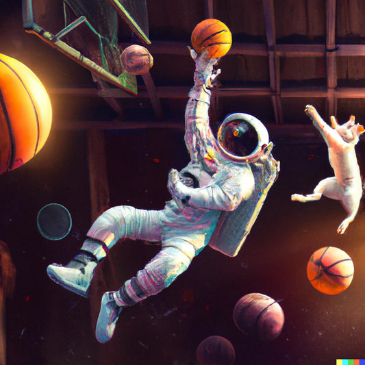 An astronaut playing basketball with cats in space, digital Animation