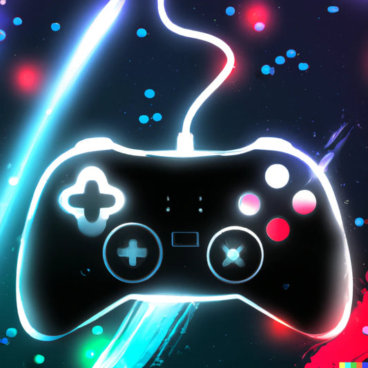 Video game controller neon digital art on a star streak background